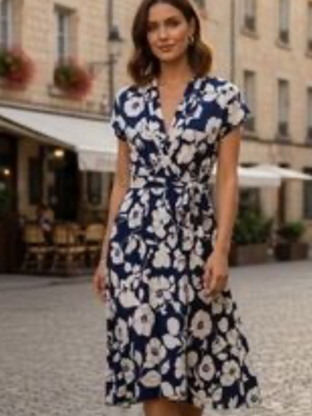 Liz Claiborne Navy & White Floral Midi Faux Wrap Dress Size Medium